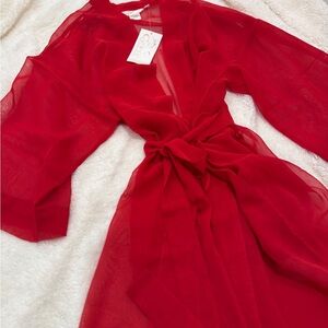 Sheer Red Tie-Front Cover-Up Robe